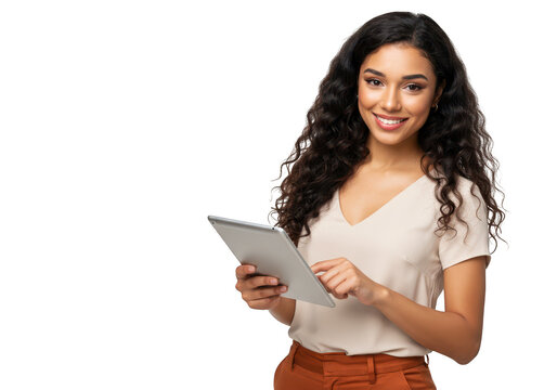 Young woman holding and using a tablet, isolated on transparent background