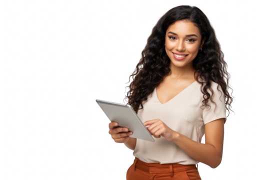 Young woman holding and using a tablet, isolated on transparent background