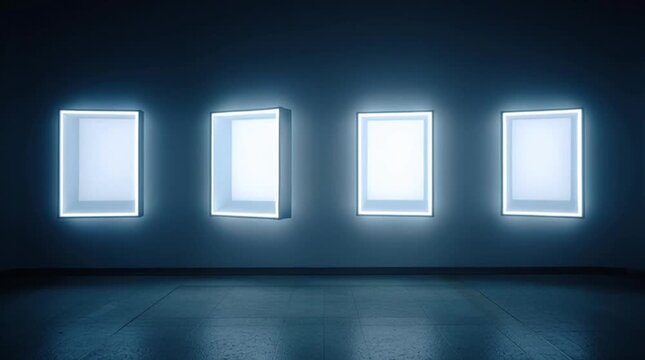 four frameless white LED screens aligned on dark blue wall in minimalist light gallery mysterious ambiance close-up view high quality photography parametric architecture