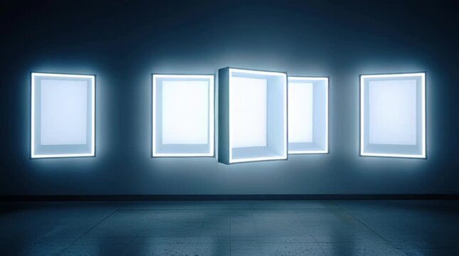 four frameless white LED screens aligned on dark blue wall in minimalist light gallery mysterious ambiance close-up view high quality photography parametric architecture