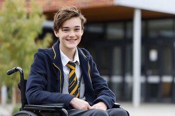 Student in wheelchair wearing uniform smiles outdoors Generative AI