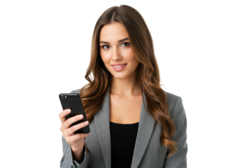 Woman holding a smartphone, isolated on transparent background