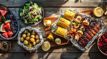 Delicious summer barbecue feast with grilled corn and fresh fruit isolated on white background
