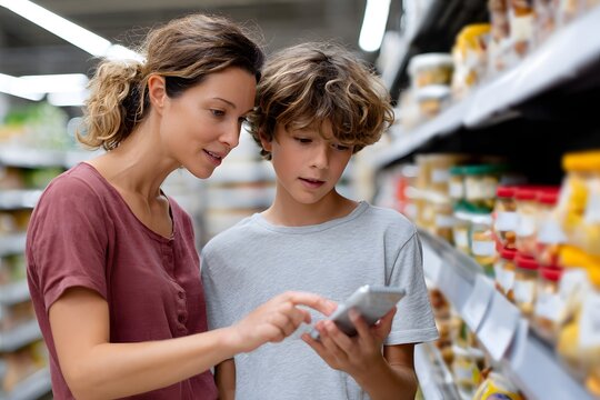 Mother and child explore back-to-school promotions in store Generative AI - Powered by Adobe