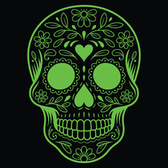 Green Sugar Skull Illustration with Floral and Heart Embellishments