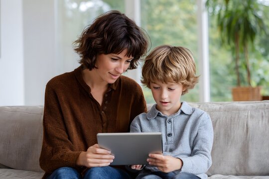 Parent assists child with educational app setup Generative AI