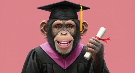 A chimpanzee wearing a graduation cap and gown, holding a diploma with a red ribbon, smiling.
