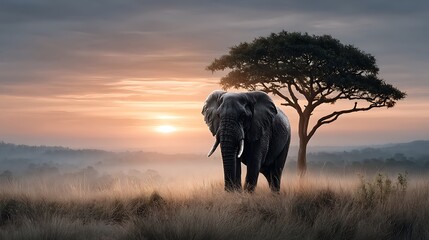 A backlit elephant feeding beneath a tree at sunset, its silhouette sharply defined against the sky.