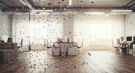 Colorful confetti falling in an empty, modern office space.