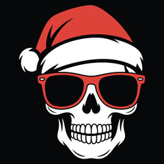 Skull with Red Sunglasses and Santa Hat on Black Background