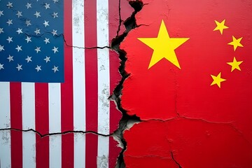 American flag and China flag on crack wall. USA finance, government, and economics concept. Trade war. Tax and tariff concept