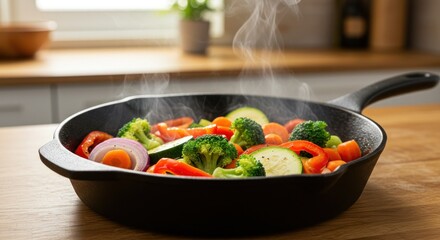 Steaming vegetables cooking in a cast iron skillet on a wooden surface.