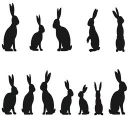 Seven black rabbit silhouettes in various poses bunny with white background.




