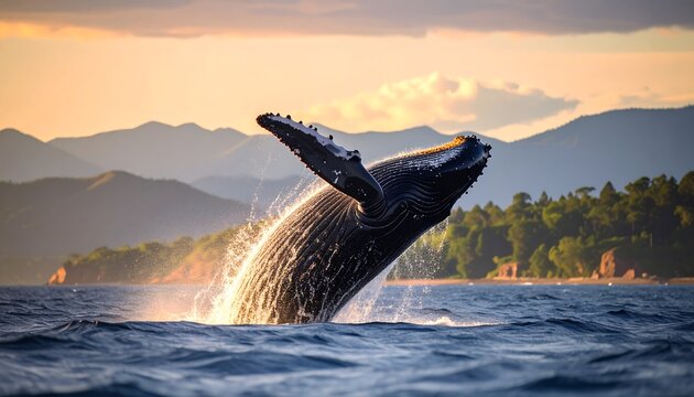 Humpback whale breaching at sunset
