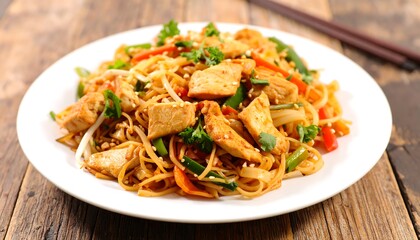 Stir-fried noodles with chicken and vegetables