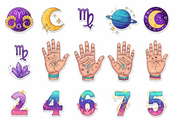 Colorful astrology and numerology sticker set with glitter texture representing esotericism and fortune telling on a white background