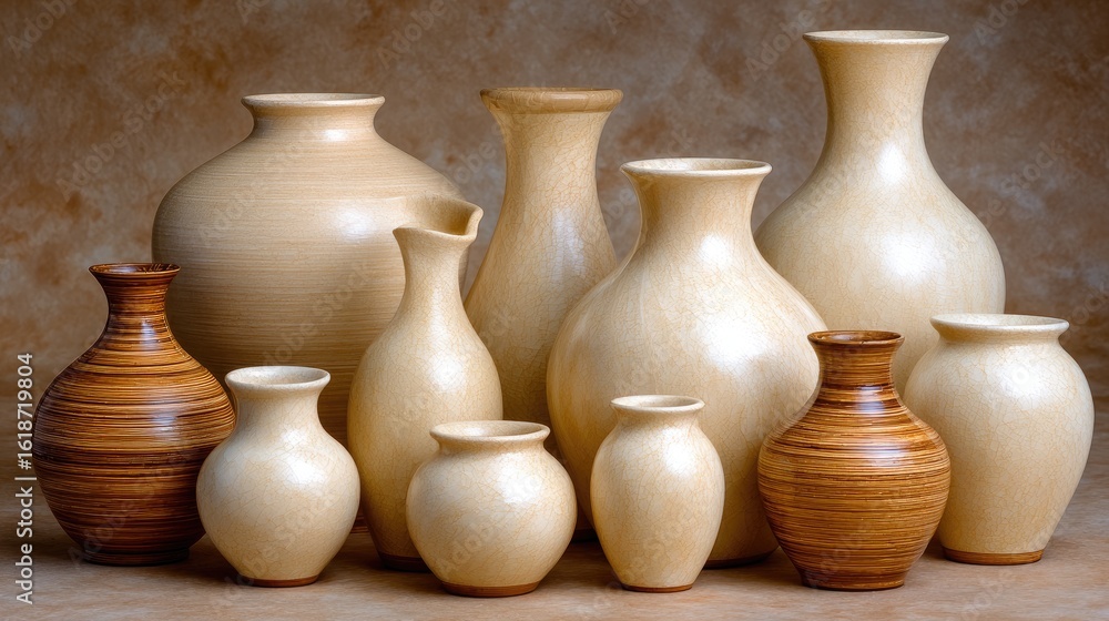 Poster minimalist display of several white vases arranged artistically on a smooth beige surface, illuminat