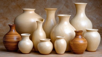 Minimalist display of several white vases arranged artistically on a smooth beige surface, illuminated by soft sunlight