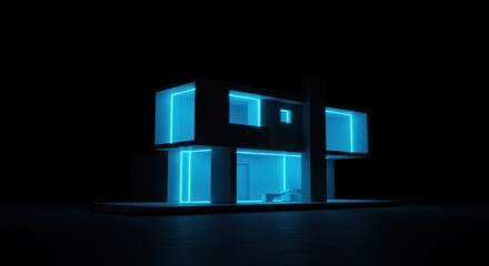 Modern house illuminated with blue neon lights against a dark background, showcasing contemporary architectural design.