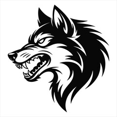 Black and white wolf head illustration with snarling teeth
