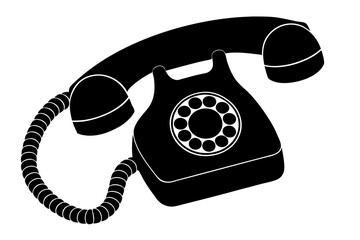Icon of a retro rotary telephone, vintage black landline phone silhouette.