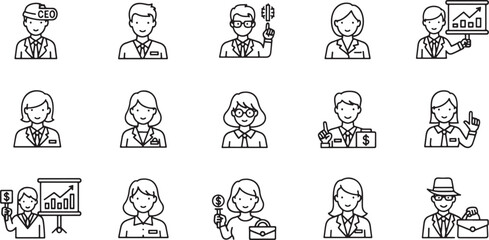 A collection of hand-drawn business people icons in a distinctive silhouette style, representing various professions and activities.