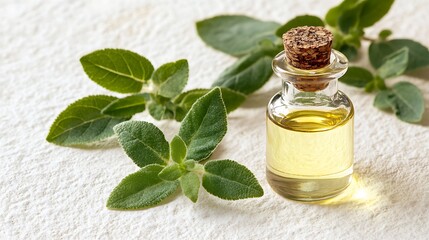 Dropper bottle of niaouli oil with fresh leaves on white textured background