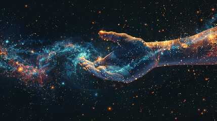 Fototapeta premium Celestial hand reaching out into a swirling nebula of stardust.