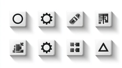 Eight white tiles display unique icons, each with soft shadows, arranged on white