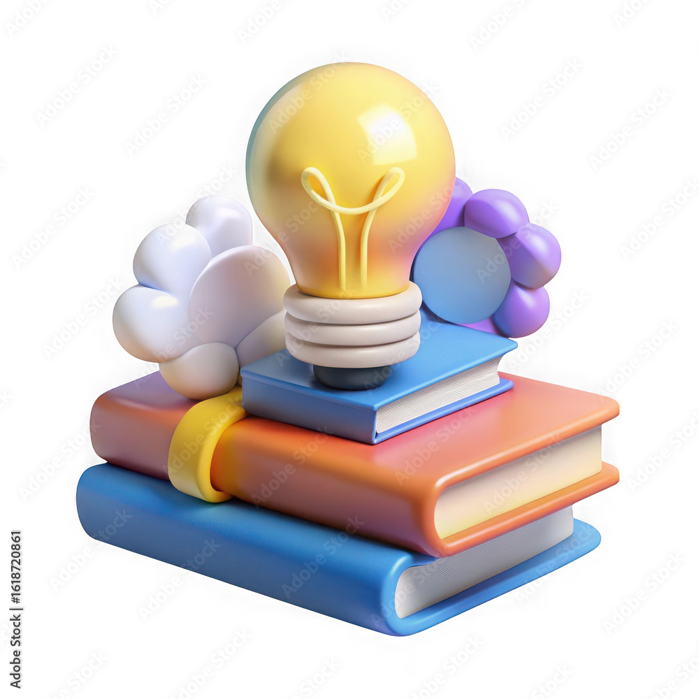 Poster stylized stack of books with a glowing lightbulb and decorative elements isolated on transparent bac