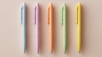Arrangement of Colorful Pens on a Smooth Surface with Pastel Shades for Creative Office Use
