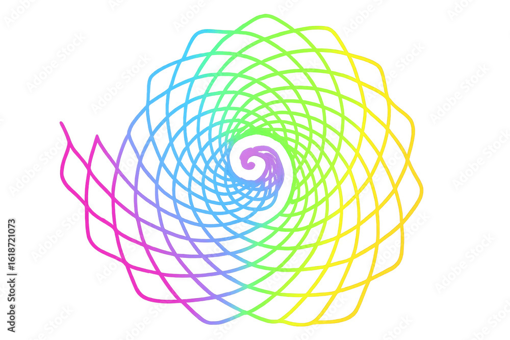 Poster vibrant rainbow spiral twirling inward, creating dynamic geometric vortex against transparent backdr