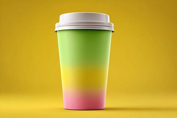Colorful Gradient Cup on Bright Yellow Background Evoking a Fun and Refreshing Atmosphere