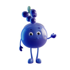 Cute blue cartoon character with grapes on head isolated on transparent background