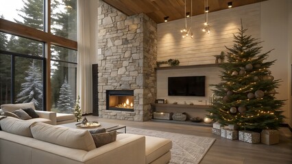 Fototapeta premium Minimalist Holiday Interior with Metallic Ornaments and Fireplace