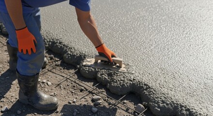 Worker smoothing freshly poured cement with trowel