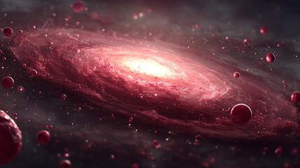 Vibrant Red Spiral Galaxy with Stars and Cosmic Elements in the Depths of Space