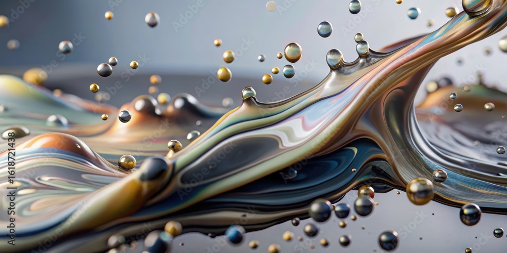 Poster abstract fluid art with metallic spheres and iridescent waves for modern design projects