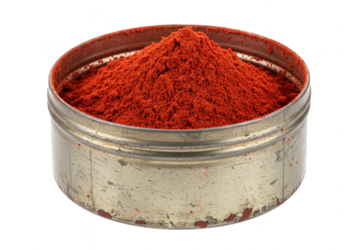 Red spice powder in a rustic metal container isolated on transparent background