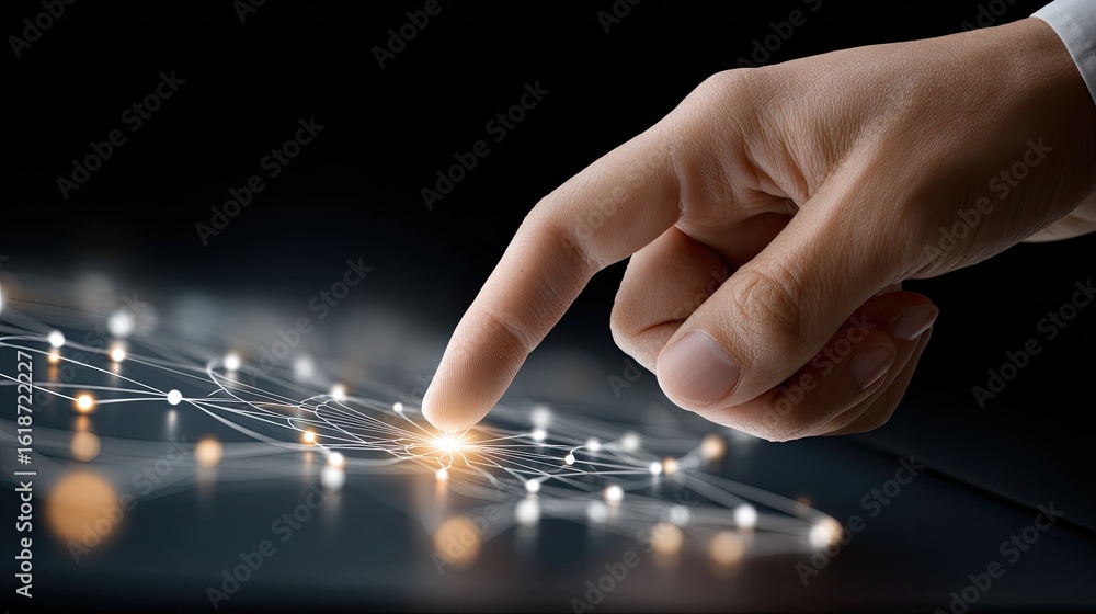 Poster a finger engages with an interactive surface, triggering dynamic light beams and data flows against 