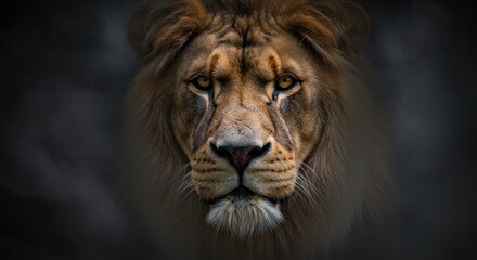 Close-up portrait of a majestic lion, showcasing its intense gaze against a dark smoky background.