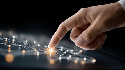 A finger engages with an interactive surface, triggering dynamic light beams and data flows against a dark blue backdrop