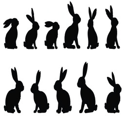 Seven black rabbit silhouettes in various poses bunny with white background.




