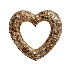 Ornate golden heart shaped picture frame with floral embellishments isolated on transparent background