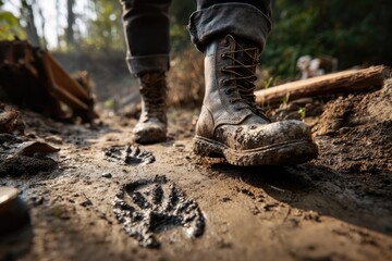 boots covered in wet clay soil typical of a mining area