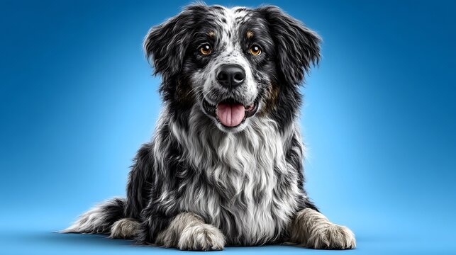 A realistic portrait of a border collie sitting proudly, with a curious cat peeking from behind its back, set against a smooth blue background.