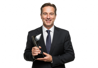Smiling businessman holding a trophy isolated on transparent background
