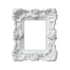 Ornate white floral carved rectangular picture frame isolated on transparent background