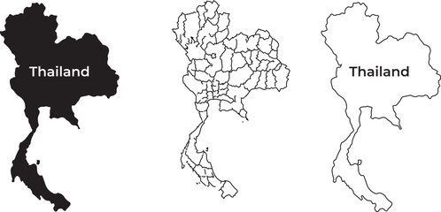 Vector Map of Thailand Collection. Featuring Solid Silhouette and Outline Maps with Regional Divisions for Geography and Travel Designs.

