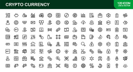 Cryptocurrency Icon Set in Vector Style Featuring Blockchain, Digital Wallets, Coins, Mining, and Exchange Symbols